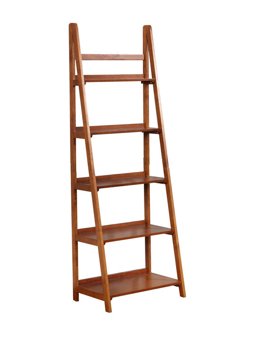 Brown Wooden Five Shelf Ladder Style Bookcase, by Benzara