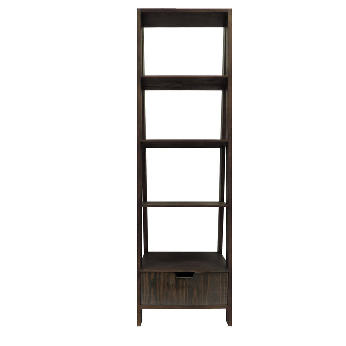 Benzara 4 Shelf Wooden Ladder Bookcase With Bottom Drawer, Distressed Brown