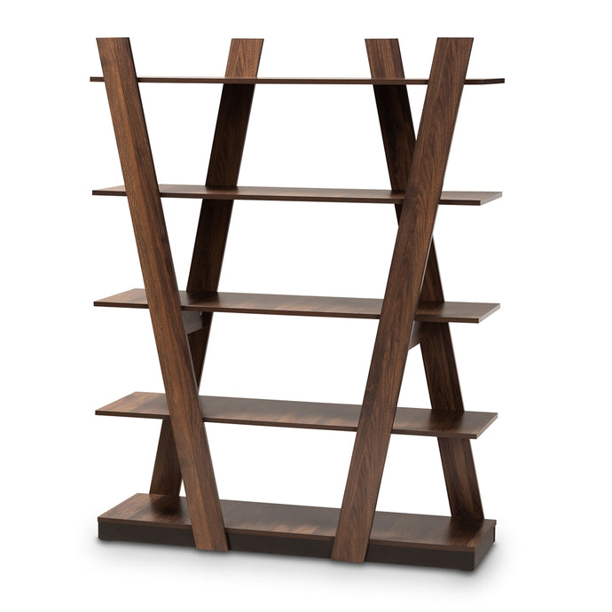 Modern Walnut Brown Finished 5-Tier Wood Geometric Display Shelf